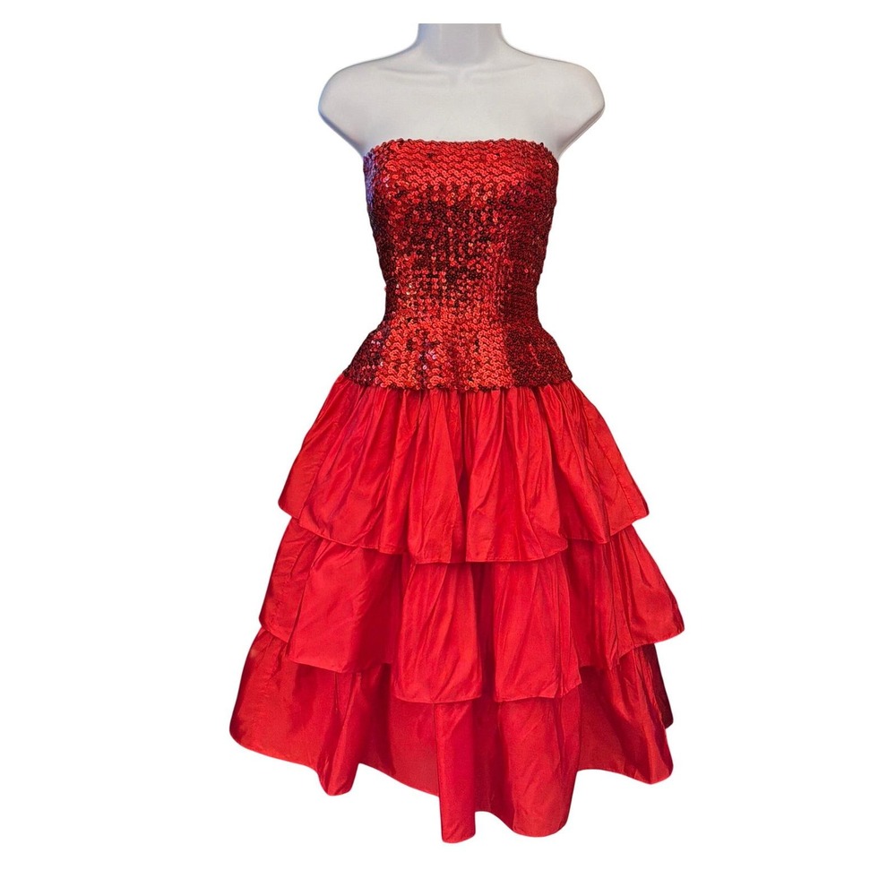 Vintage Candice Strapless Sequin Ruffle Dress Glam Holiday Prom Red Style 6645